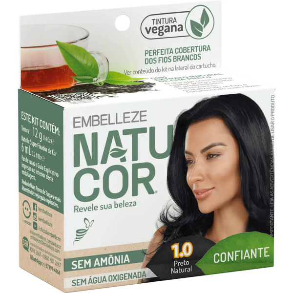Tinta de Cabelo Natucor Naturalmente Confiante Chá Preto Preto Natural 1.0 KIT_E